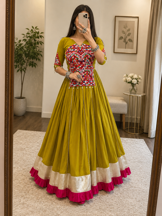 Pure Cotton Gamthi Mirror Work Kediyu Lehenga Choli - 6 Meter Flair