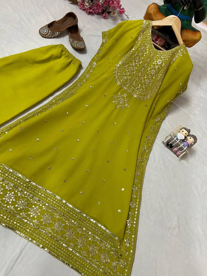 Faux Georgette Zari Embroidery Work Designer Kurti Pant Dupatta Set (Ready to Wear)