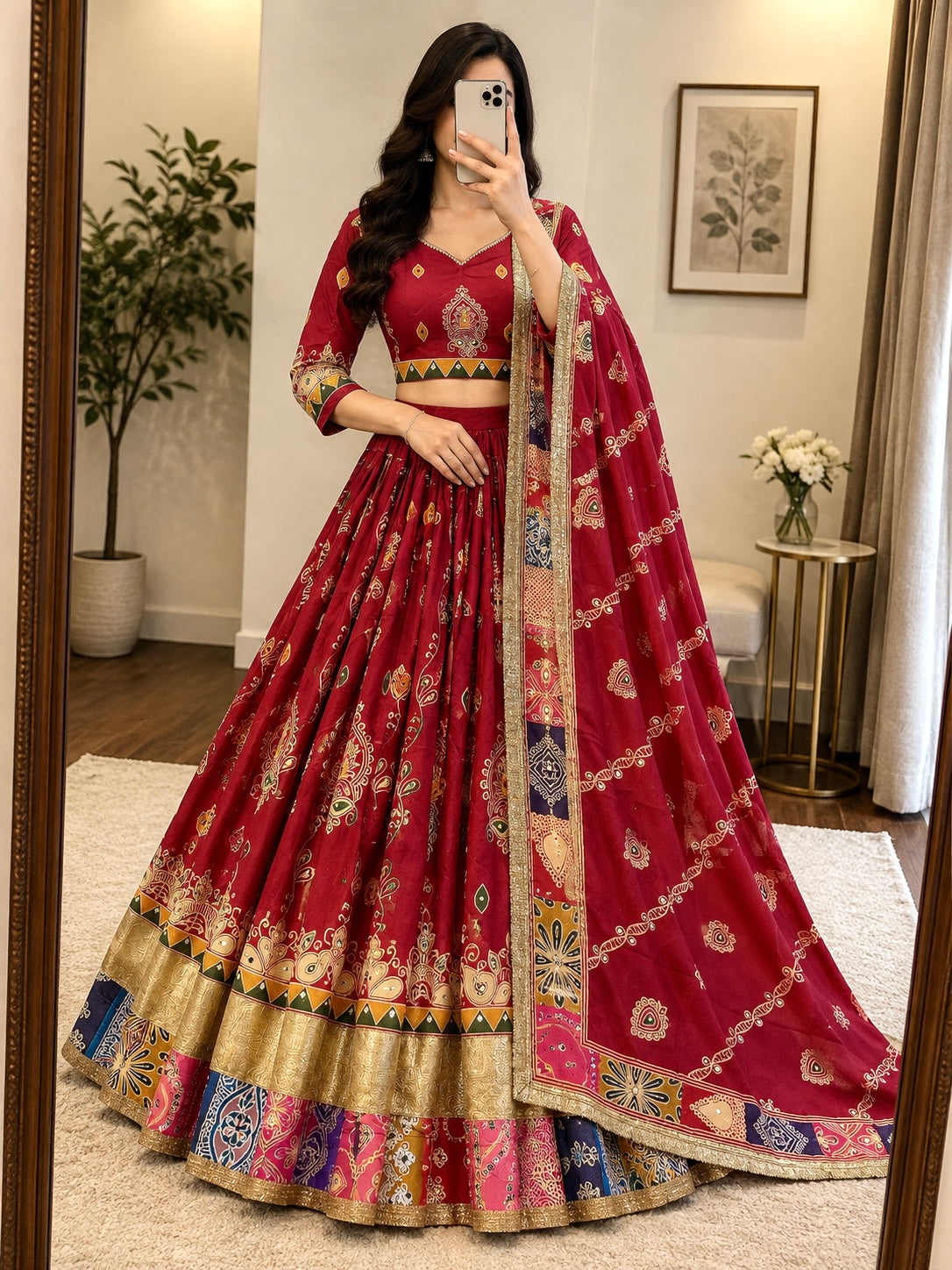 Muslin Cotton Mirror Work Chaniya Choli - Front View