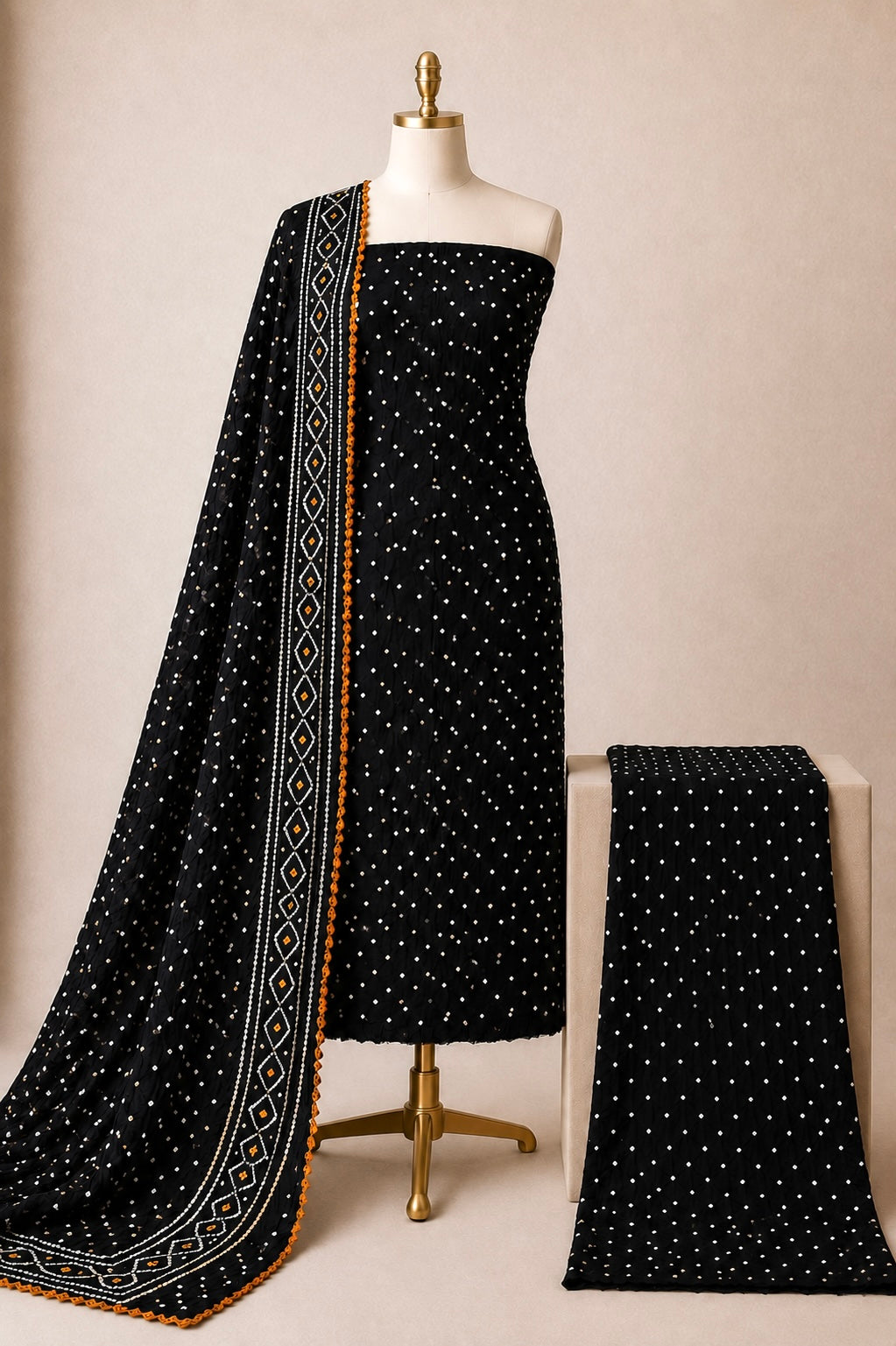 Cotton Satin Self Color 3Pc Kutch Unstitched Bandhani Dress Material