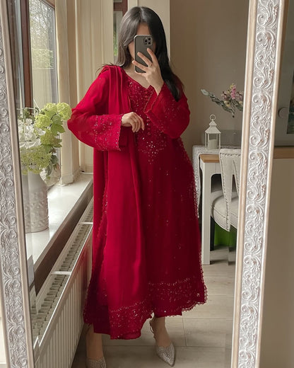 Karwachauth Sepcial Faux Georgette Sequence Embroidery Work 3 Pc Kurti Palazzo Dupatta Set (Ready to Wear)