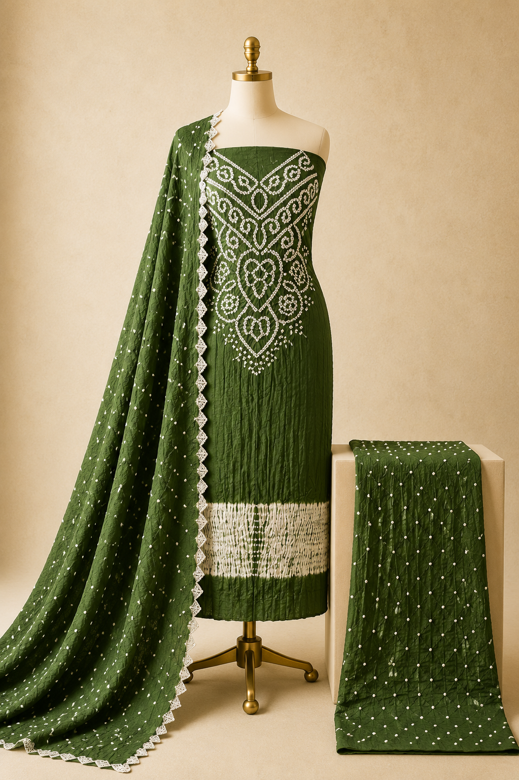Cotton Self Color Kusum Work 3Pc Unstitched Bandhani Dress Material