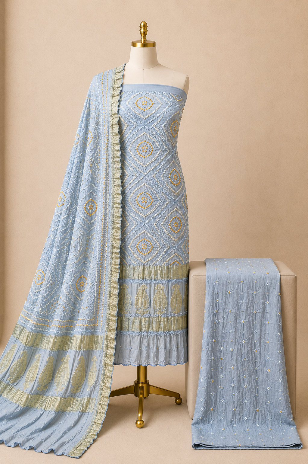 Modal Silk Bandhani Dress | Nakshi Pallu | 3Pc Set | Unstitched