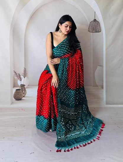 Modal Silk Multi Color Hand Crafted Jamnagar Silk Bandhani Saree