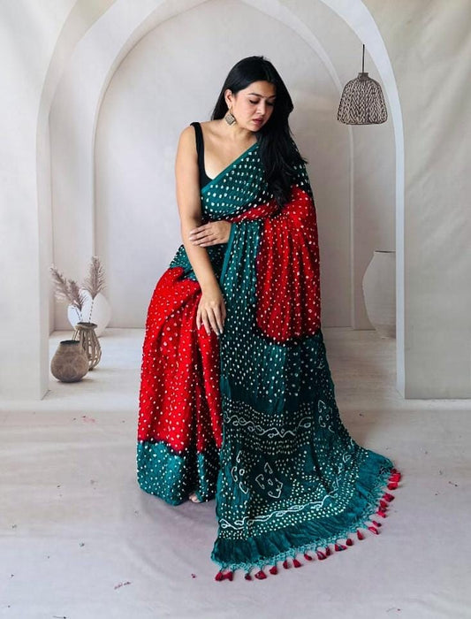 Modal Silk Multi Color Hand Crafted Jamnagar Silk Bandhani Saree