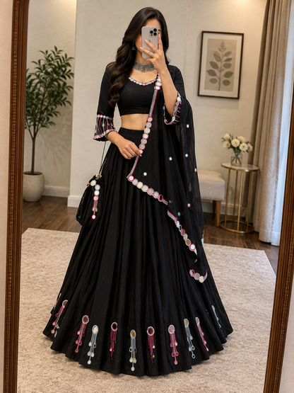 Black Beauty Rayon Mirror Work Chaniya Choli - front view