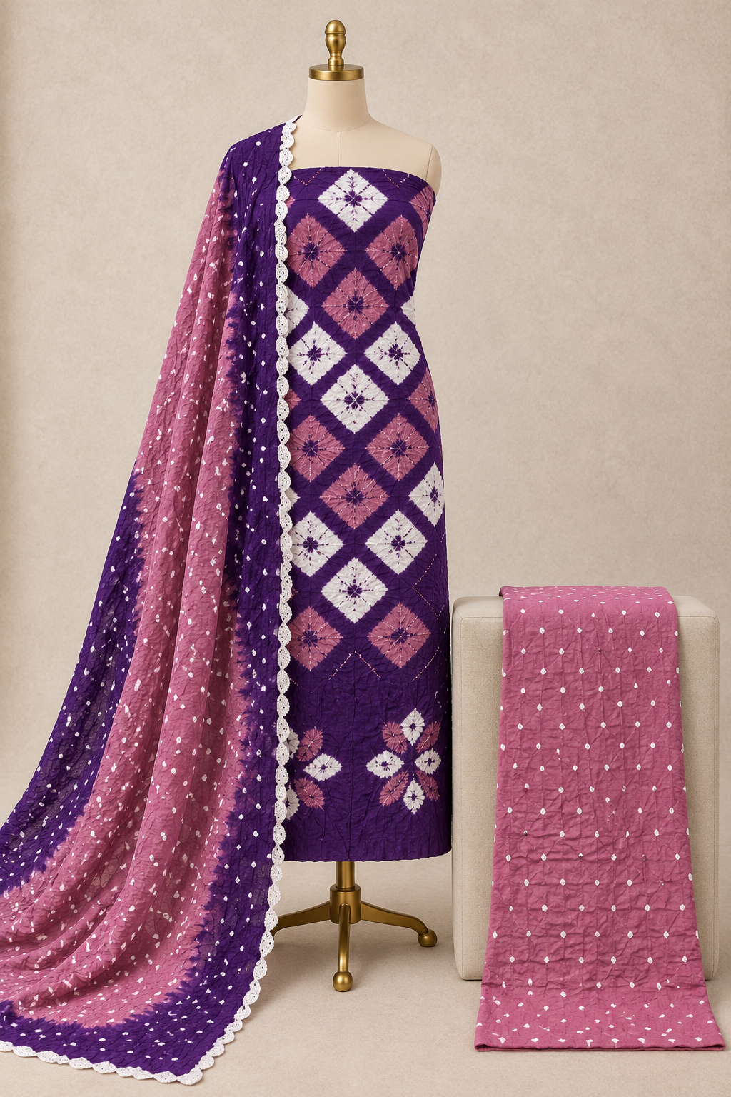 Cotton Shibori Bandhani Authentic Kutch Work 3Pc Unstitched Dress Material