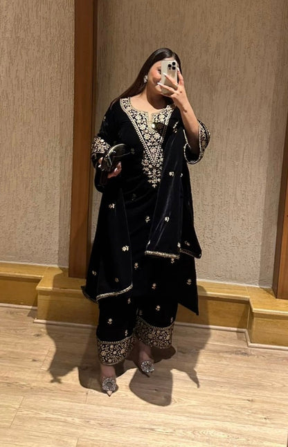 Ethenika Premium Designer Embroidery Work Velvet Kurti Pant Dupatta Set (Ready to Wear)