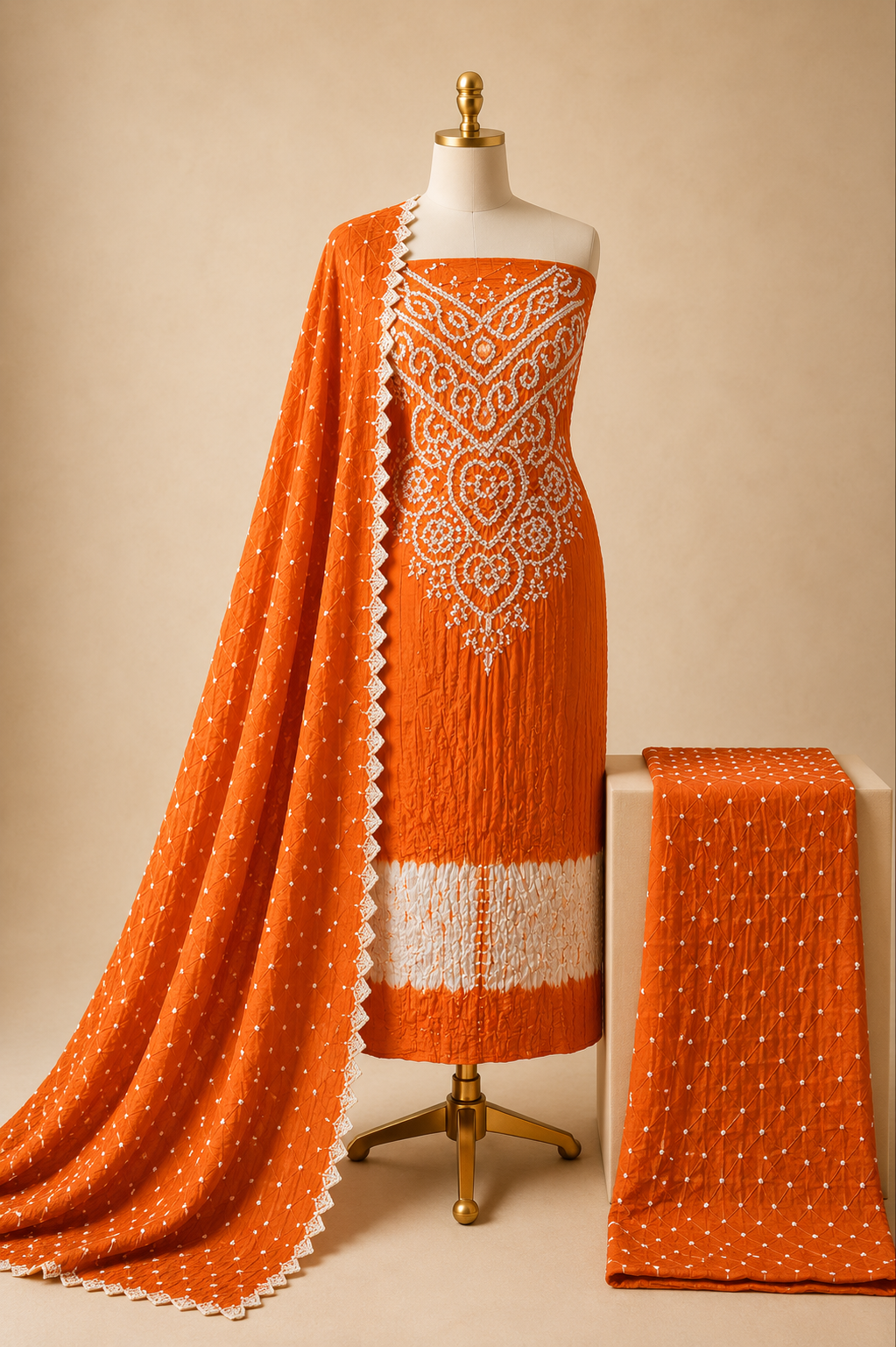 Cotton Self Color Kusum Work 3Pc Unstitched Bandhani Dress Material