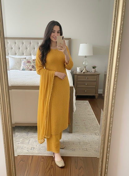 Faux Georgette Chikankari Kurti Palazzo Dupatta Set