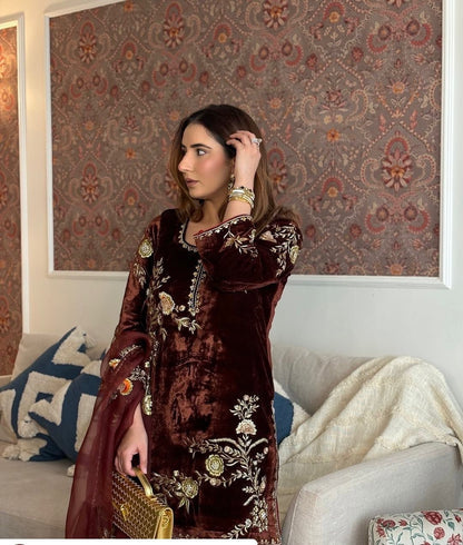 Sequence Embroidery Work Winter Special Velvet Kurti Pant Dupatta Set (Ready to Wear)