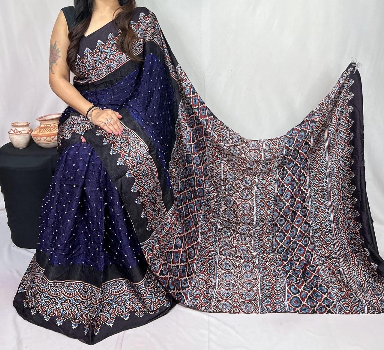 Pure Modal Silk Ajrakh Block Print with Bandhani Work Saree