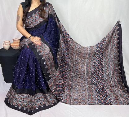 Pure Modal Silk Ajrakh Block Print with Bandhani Work Saree