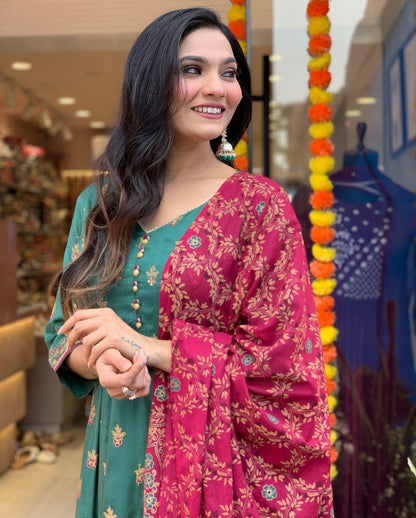 Roman Silk Foil Work Kurti Pant Dupatta Set (Stitched) - Premium  from Ethenika.com  - Just INR 2990! Shop now at Ethenika.com 