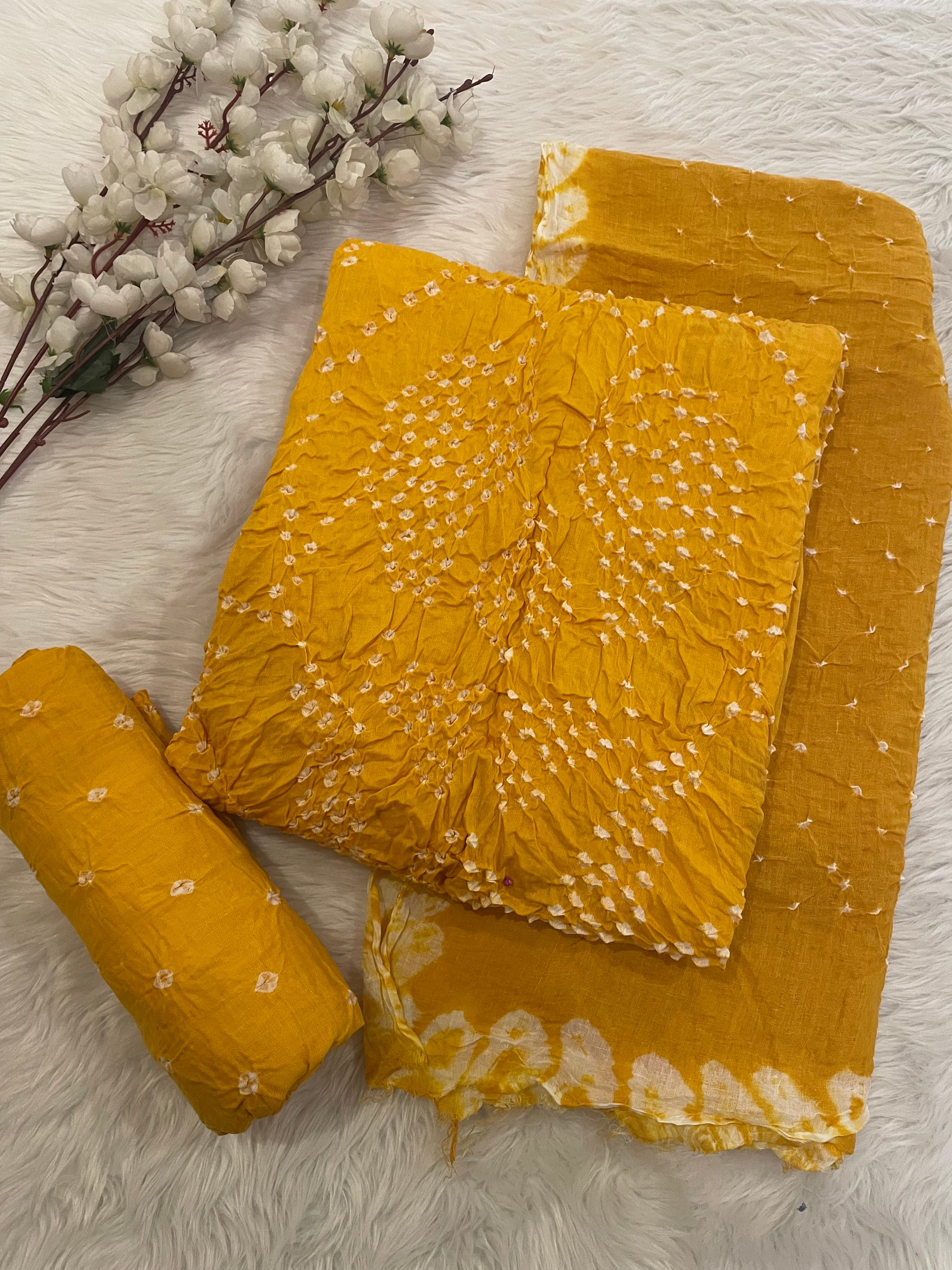 Cotton Satin Self Color Authentic Kutch Bandhani Dress Material (Unstitched) Yellow Cotton Satin Self Color Authentic Kutch Bandhani Dress Material (Unstitched) Yellow