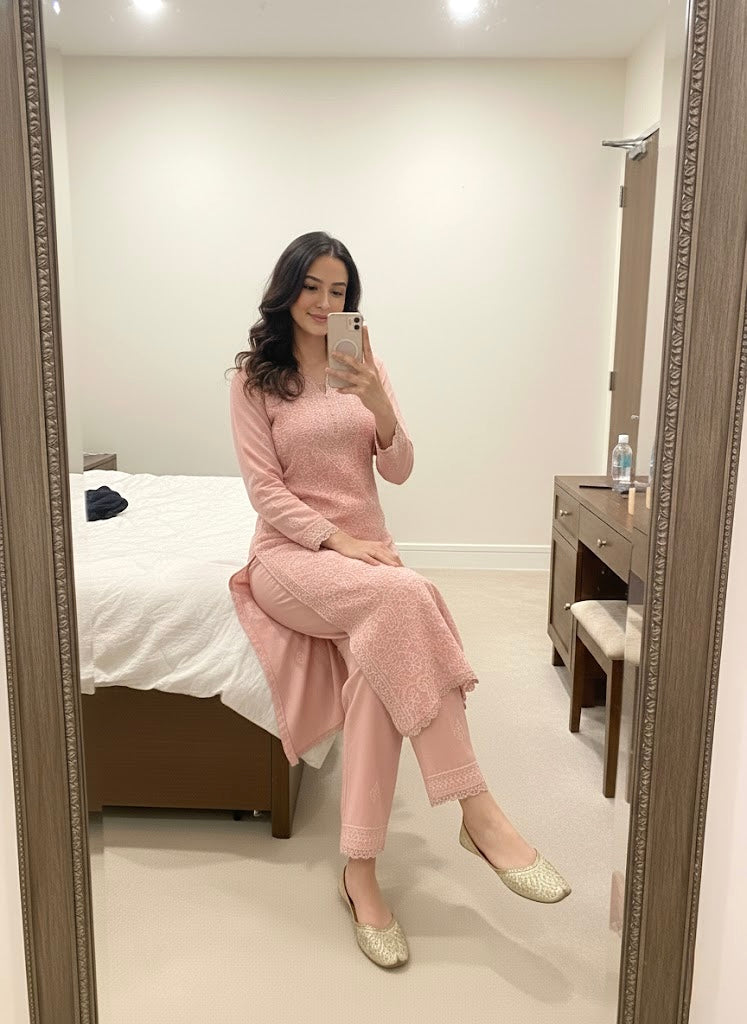 Ethenika Faux Georgette Chikankari Kurti Pant Dupatta