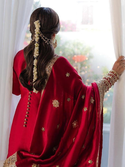 Rangoli Silk Karwa Chauth Special Designer Kurti Palazzo Dupatta Set (Ready To Wear)