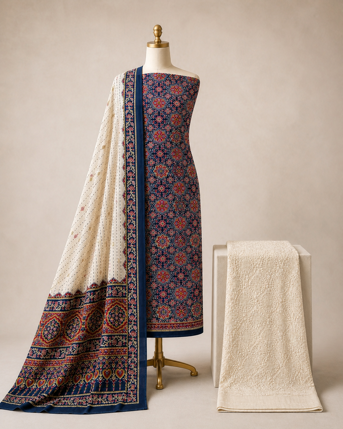 Soft Cotton Ajrakh Print with Chikankari Work Salwar Dress Material