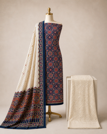 Soft Cotton Ajrakh Print with Chikankari Work Salwar Dress Material