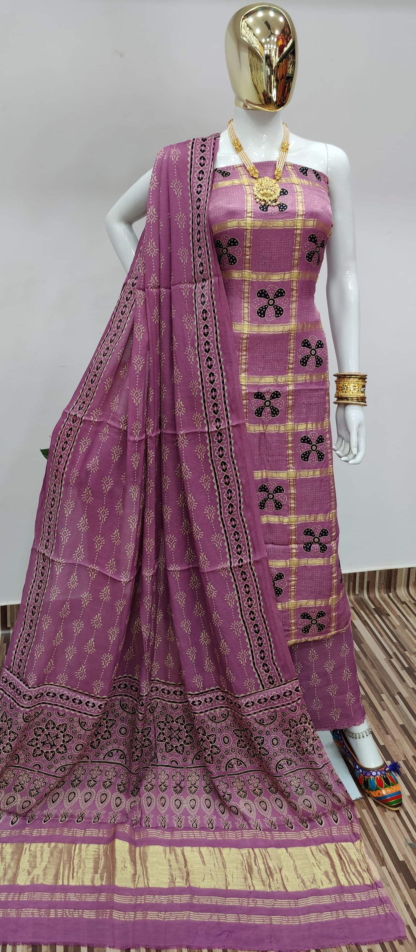Ghazi Silk Golden Chex Hand print dress material - Premium  from Ethenika.com  - Just INR 6999! Shop now at Ethenika.com 