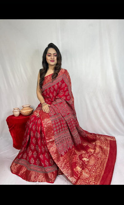 Dola Silk Original Handblocked  Ajrakh work Saree - Premium  from Ethenika.com  - Just INR 6990! Shop now at Ethenika.com 