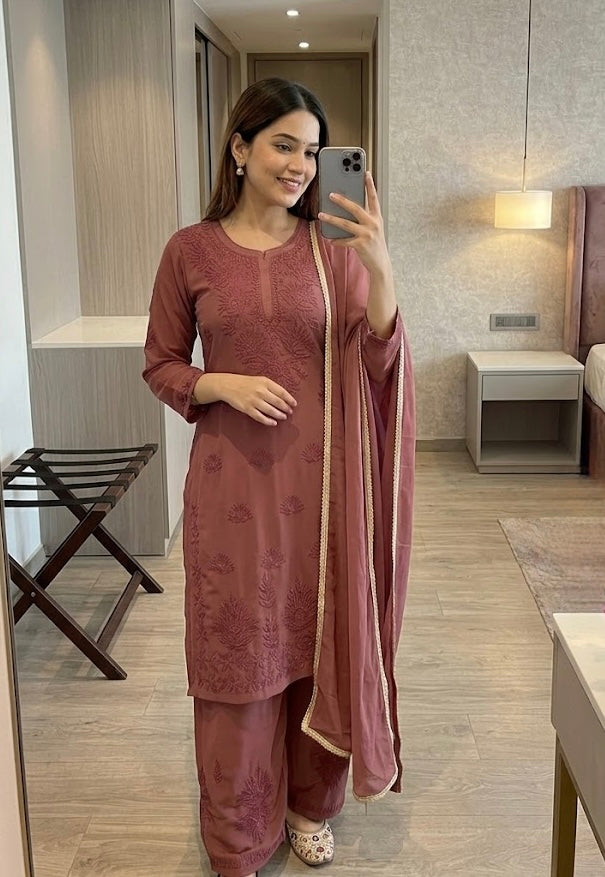 Faux Georgette Chikankari Kurti Palazzo Set