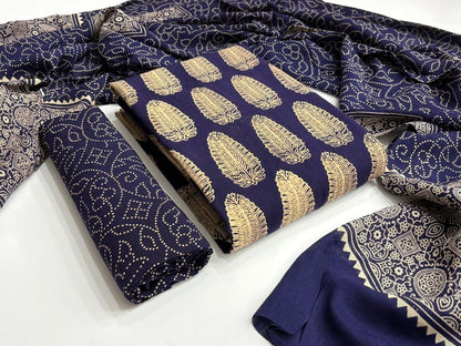 Rayon Ajrakh Original Hand Block Print Dress Material (Unstitched)