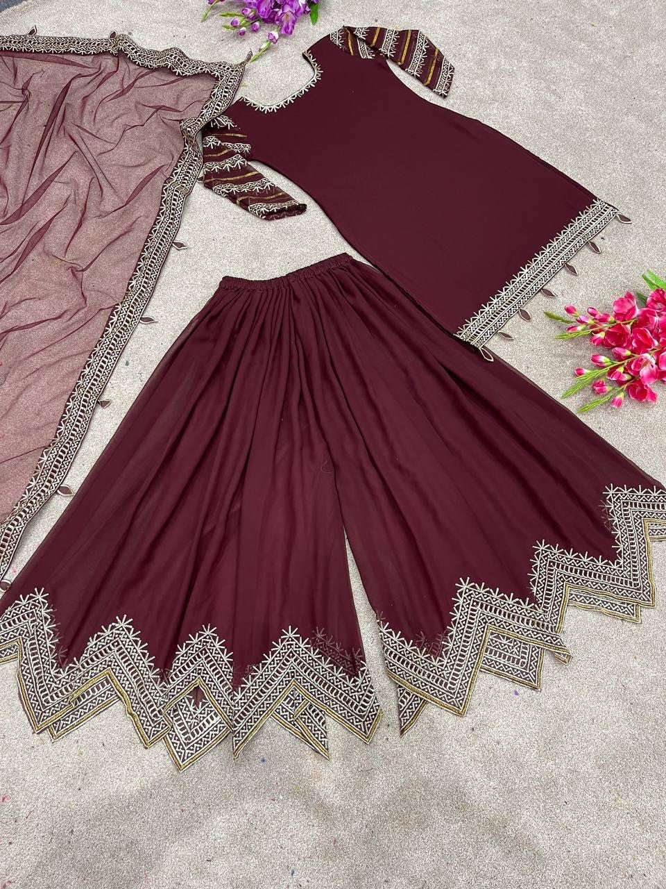 Faux Georgette Sequence Embroidery Work Kurti Sharara Dupatta Set (Ready to Wear)
