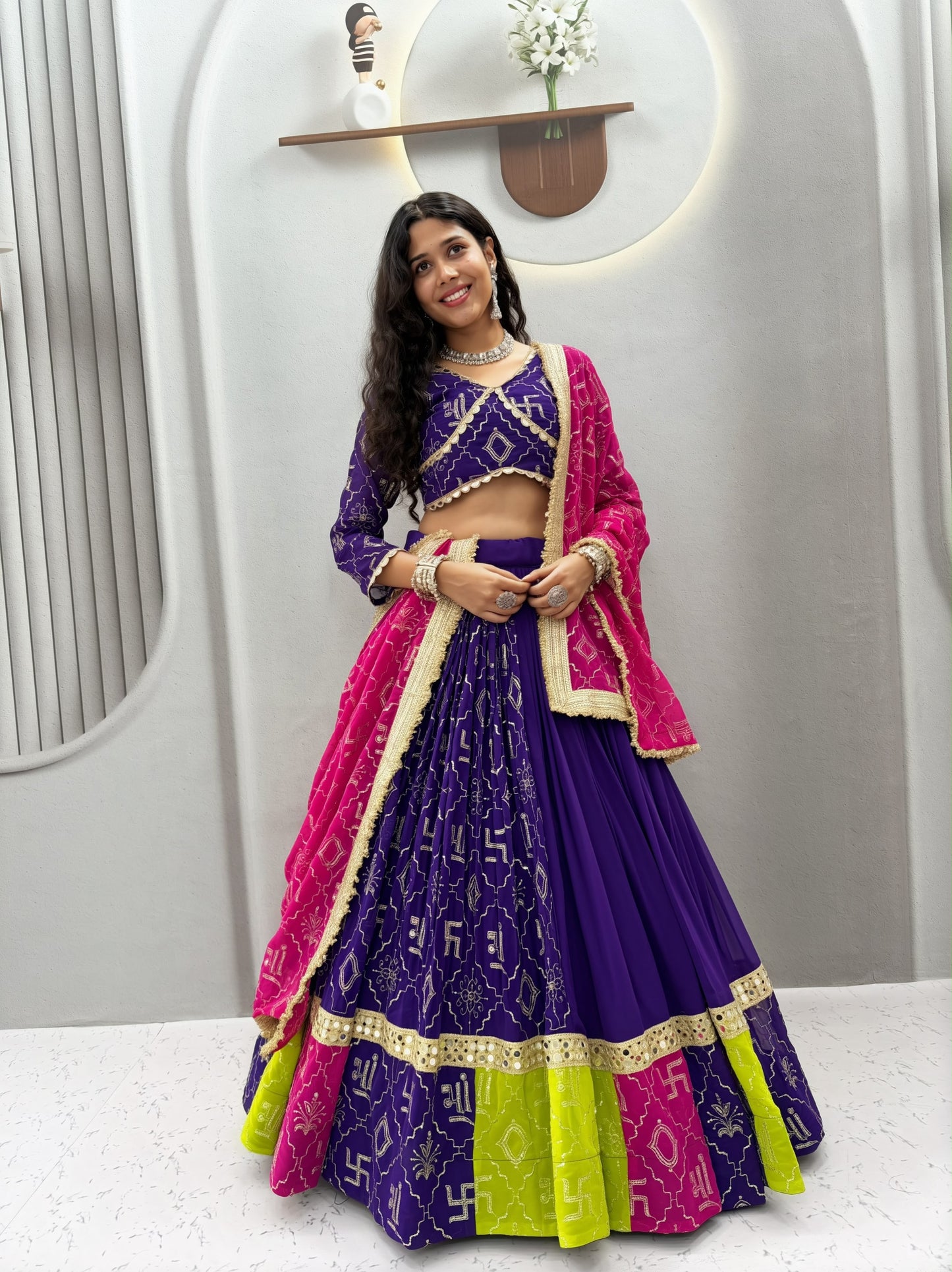 Faux Georgette Mirror Work Designer Chaniya Choli with Dupatta - 6 Meter Flair