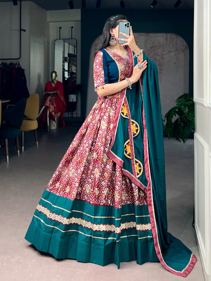 Printed Tussar Silk Chaniya Choli with mirror and Gamthi work dupatta for Garba and Dandiya