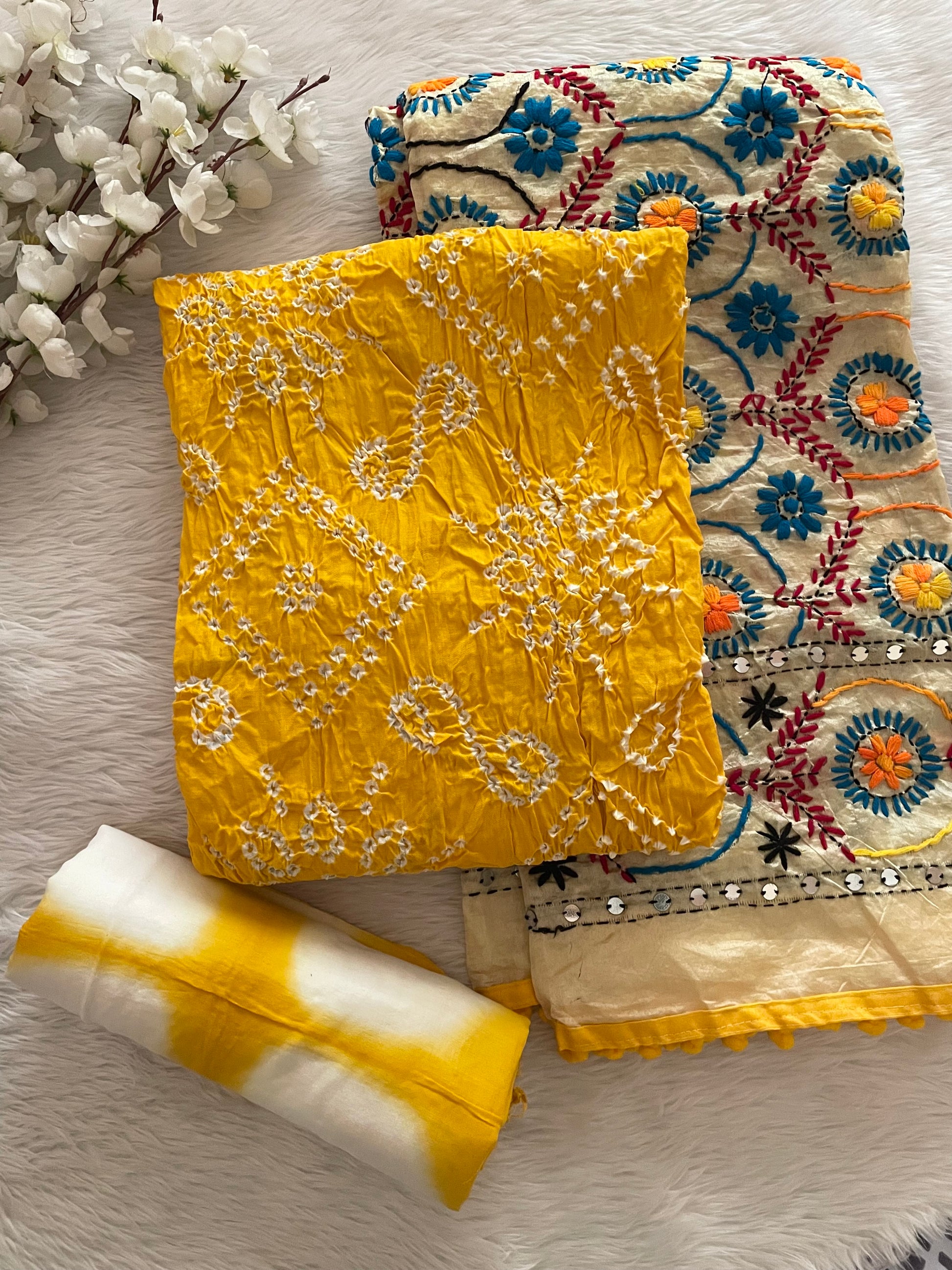 Cotton Kutch Hand Crafted Kutch Bandhani With Phulkari Dupatta Bandhani Dress Material (Unstitched) - Premium  from Ethenika.com  - Just INR 2990! Shop now at Ethenika.com 