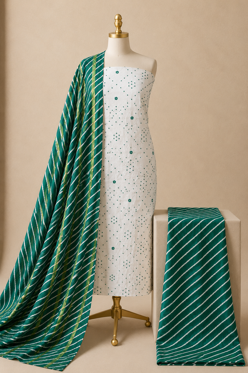 Cotton leheriya 3-piece dress material top, bottom and dupatta set