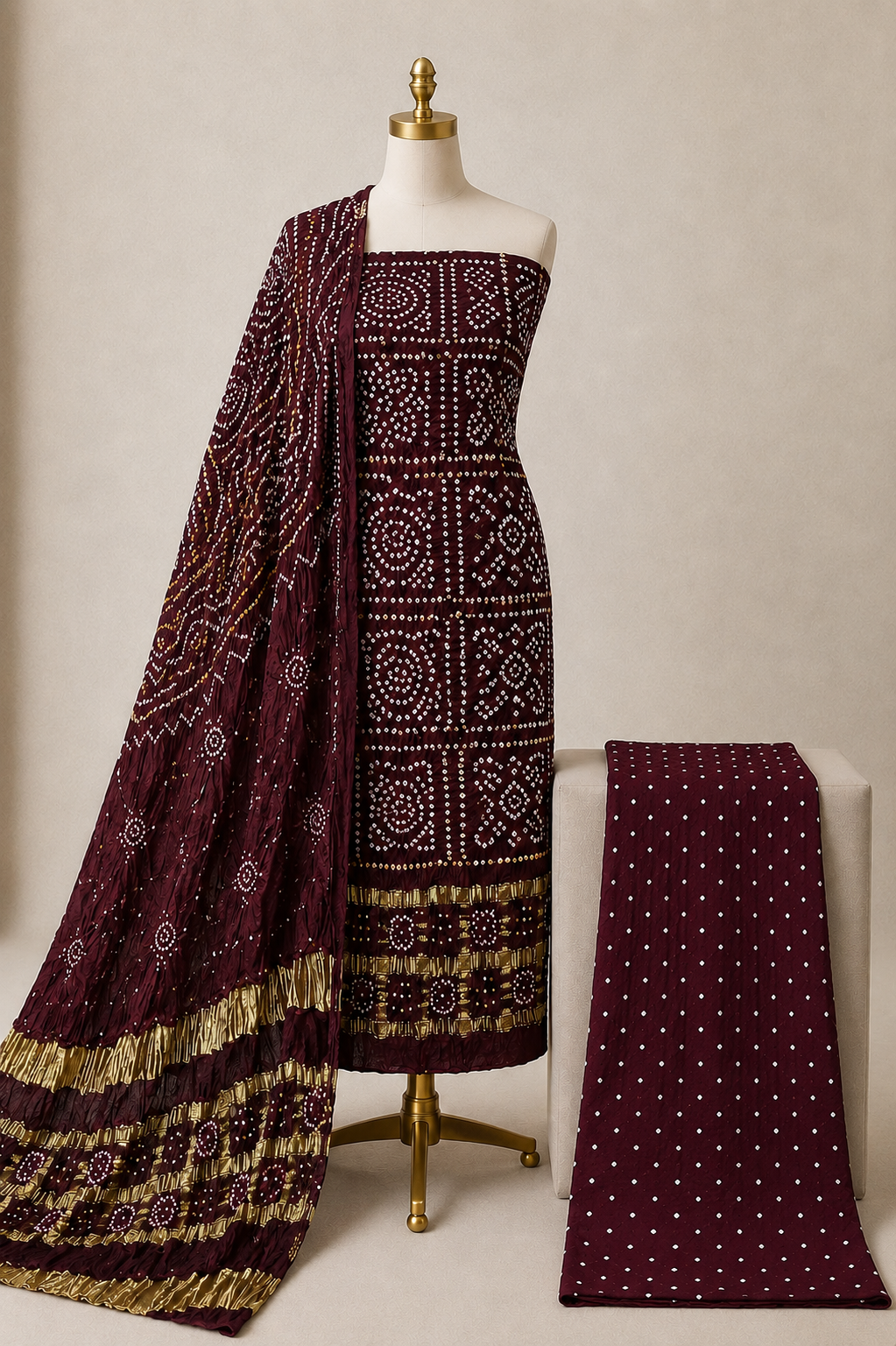 Modal Silk Golden Chex Authentic Handmade 3Pc Unstitched Bandhani Dress Material