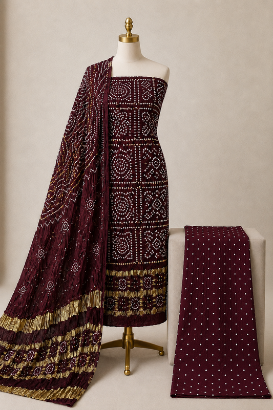 Modal Silk Golden Chex Authentic Handmade 3Pc Unstitched Bandhani Dress Material