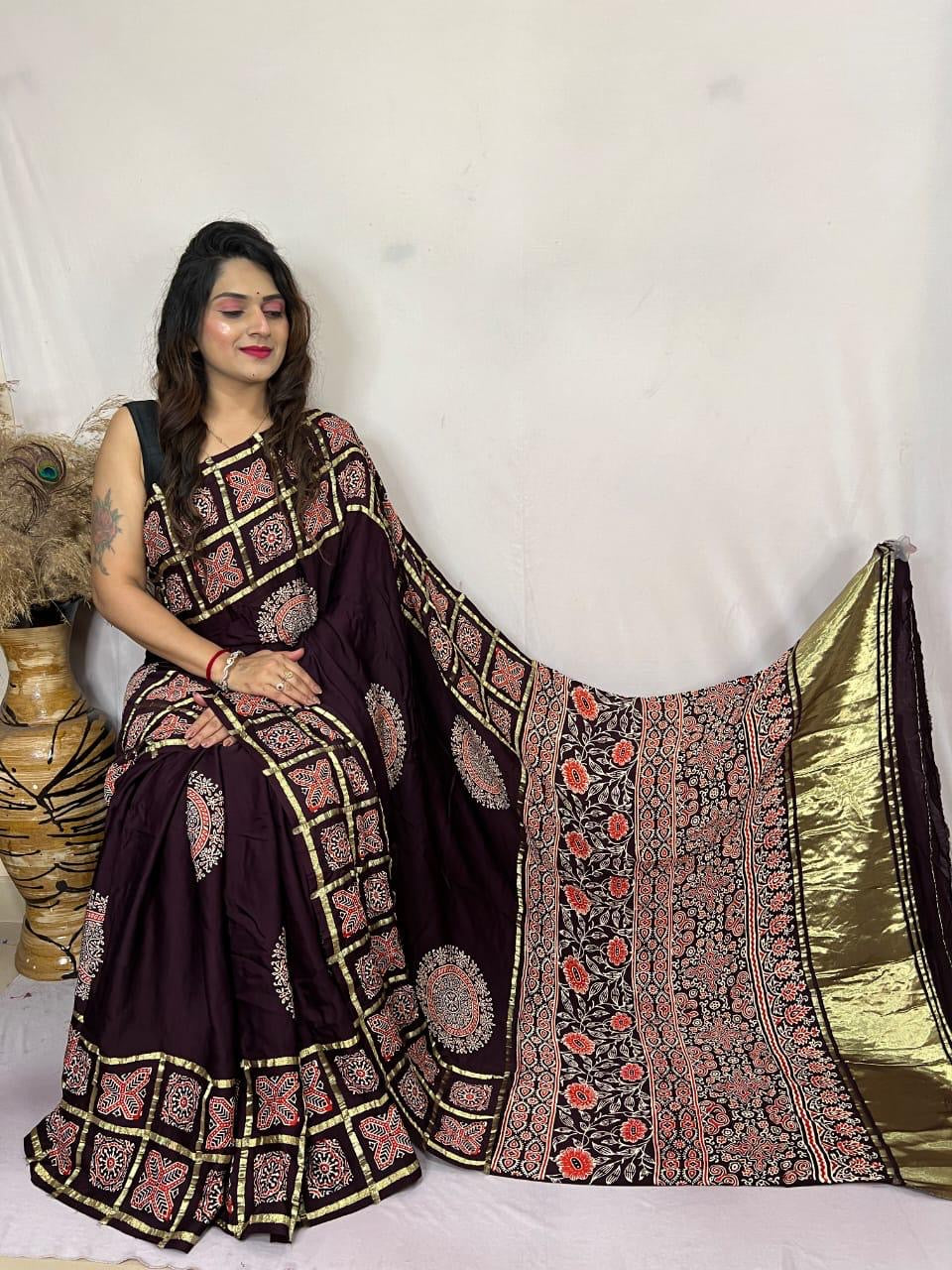 Modal Silk Original Hand Blocked Ajrakh work Lagdi Pallu Saree - Premium  from Ethenika.com  - Just INR 5990! Shop now at Ethenika.com 