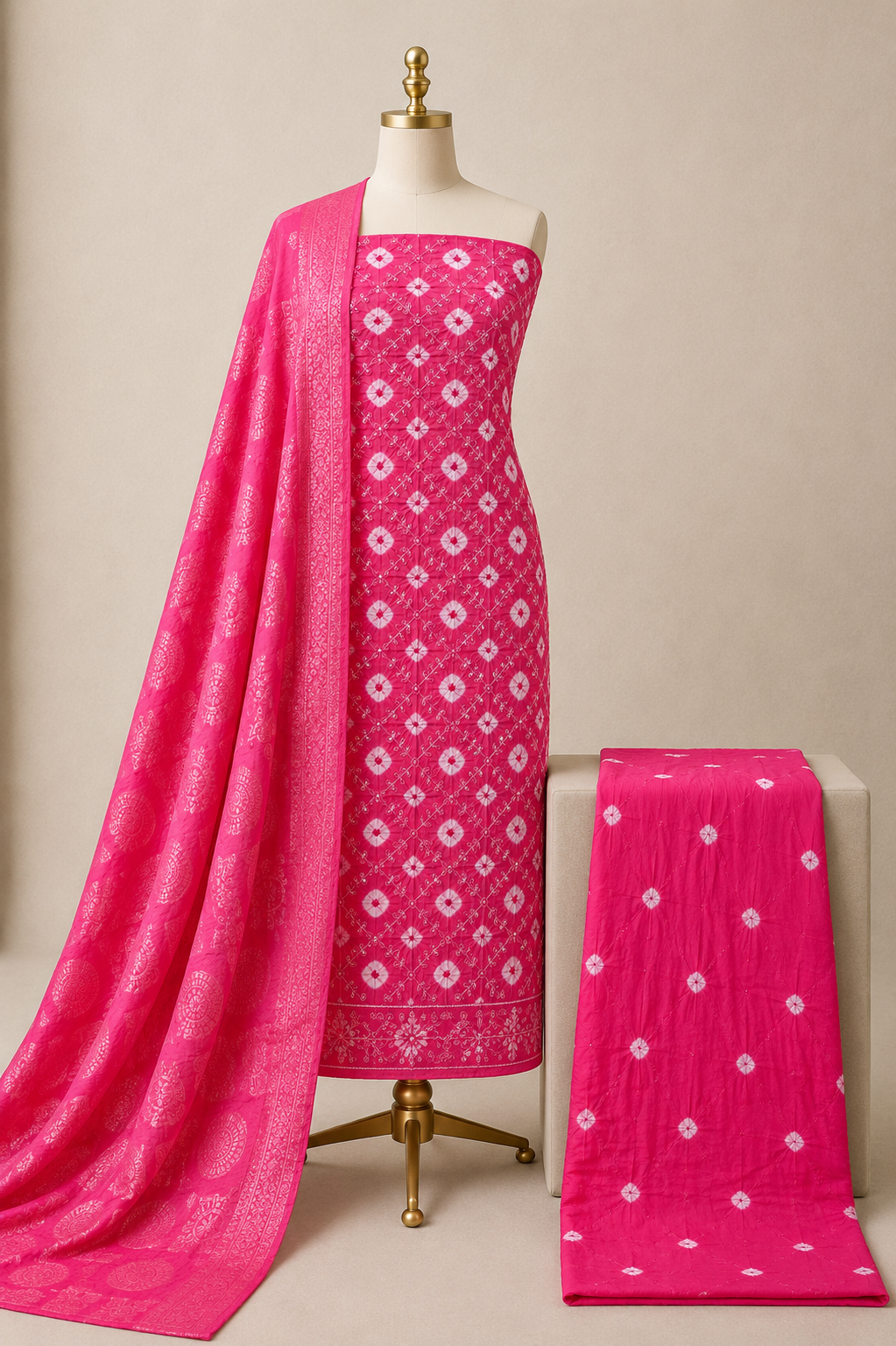 Bandhani cotton satin dress material dupatta with tie and dye pattern