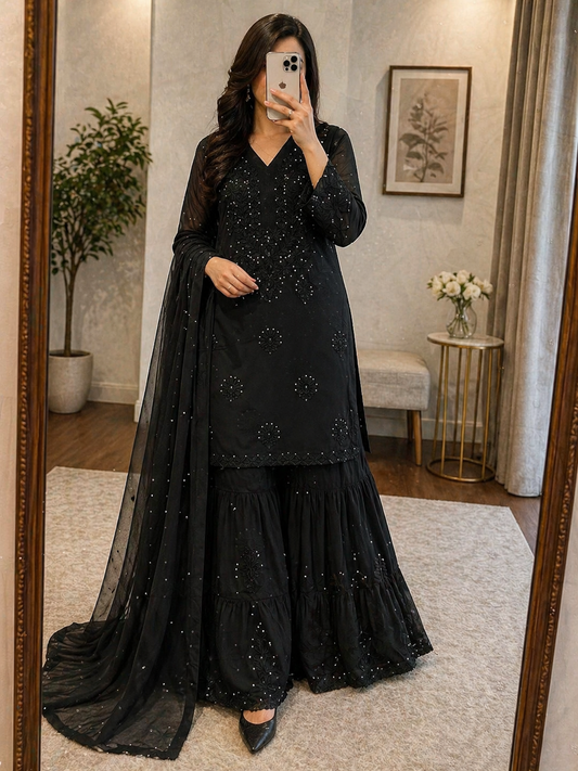 Faux Georgette Chikankari Kurti Sharara Dupatta Set