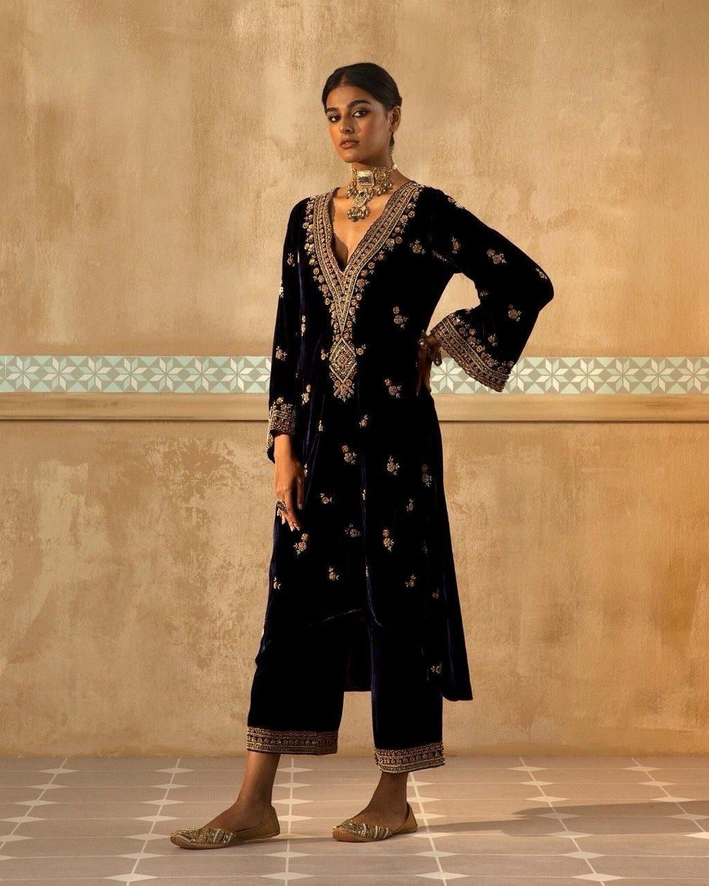 Winter Special Neck Thread Embroidery work Velvet Kurti Pant Set ( Fully Stitched) - Premium  from Ethenika.com - Just INR 2490! Shop now at Ethenika.com 