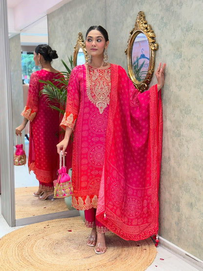 Natural Crepe Sequence Embroidery Mirror Work Designer Kurti Pant Dupatta Set (Ready to Wear)
