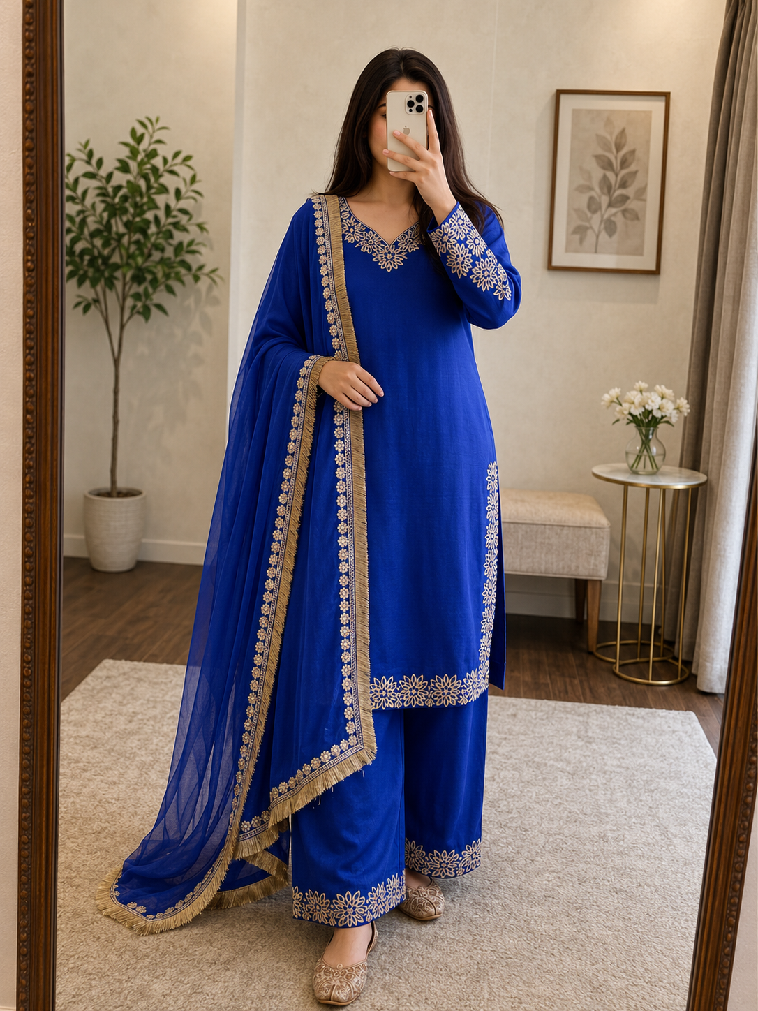 Chinon Silk Embroidery Kurti Palazzo Dupatta | Ready to Wear