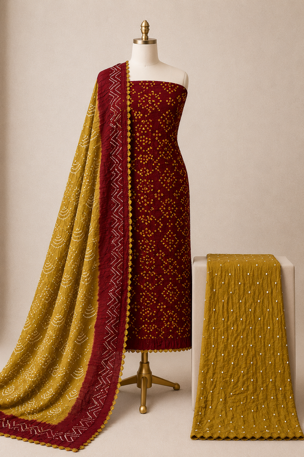 Cotton Satin Authentic Tie and Dye 3Pc Kutch Bandhani Dress Material (Unstitched)