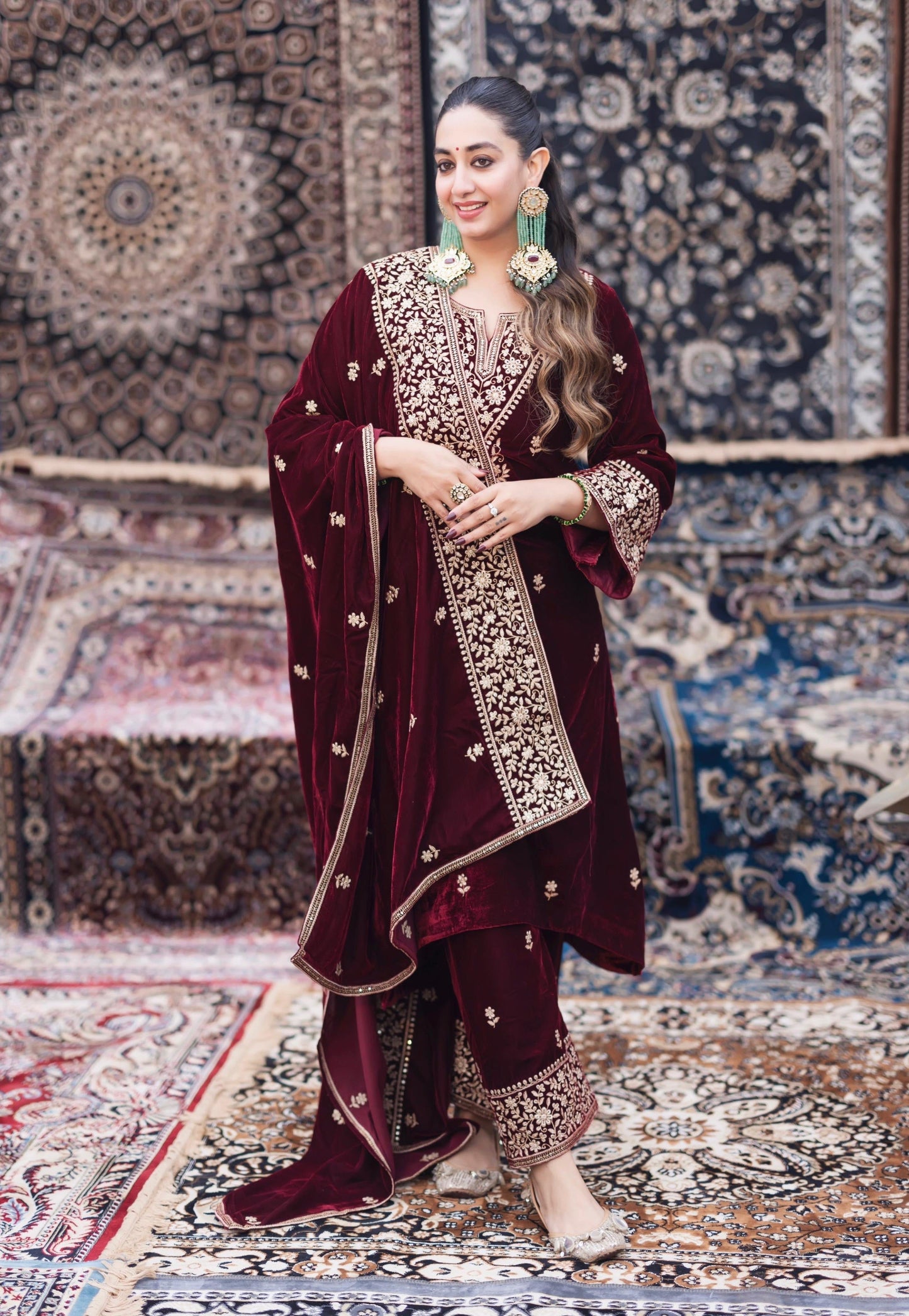 Ethenika Designer Embroidery Work Velvet Kurti Pant Dupatta Set (Ready to Wear)