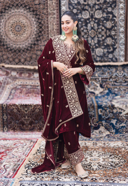 Ethenika Designer Embroidery Work Velvet Kurti Pant Dupatta Set (Ready to Wear)