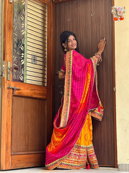 Moss Chiffone Mill Print Work Multicolor Bandhani Saree