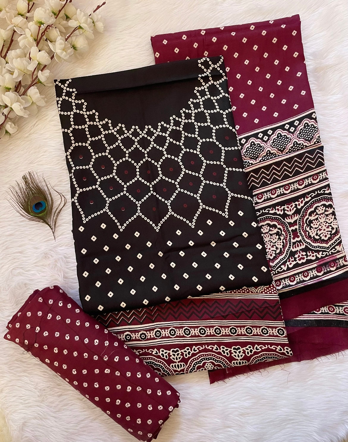 Rayon Cotton Ajrakh Hand block with Bandhani Print Dress Material (Unstitched) Black-Wine