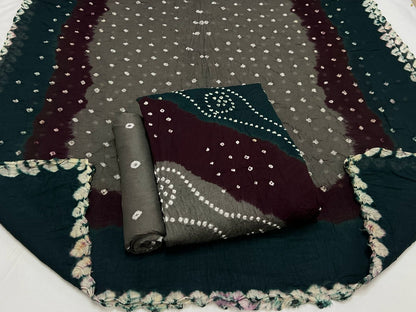 Cotton Satin V Pattern Multi Color Hand Crafted Kutch Bandhani Dress Material (Unstitched)