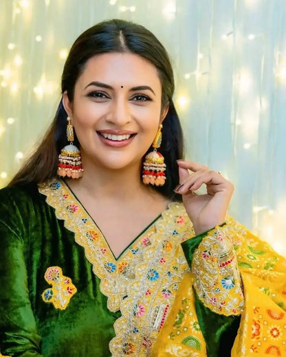 Daman Embroidery Work Winter Special Velvet Kurti Patiyala Pant Dupatta Set (Ready to Wear) Ethenika.com