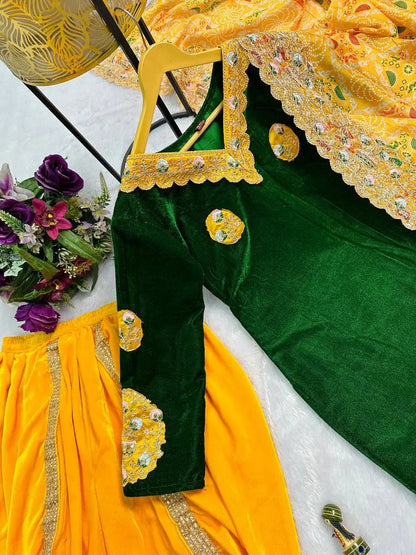 Daman Embroidery Work Winter Special Velvet Kurti Patiyala Pant Dupatta Set (Ready to Wear) Ethenika.com