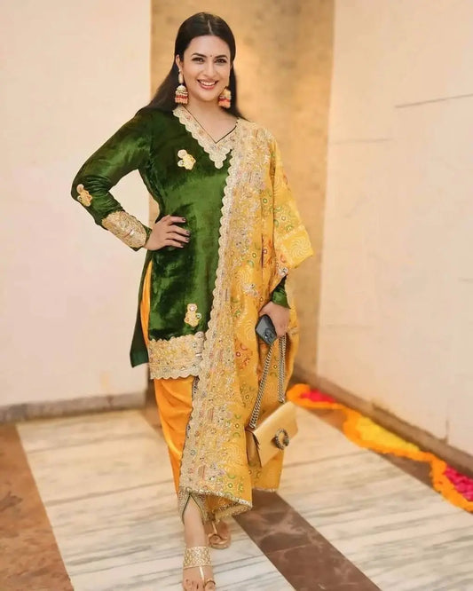 Daman Embroidery Work Winter Special Velvet Kurti Patiyala Pant Dupatta Set (Ready to Wear) Ethenika.com