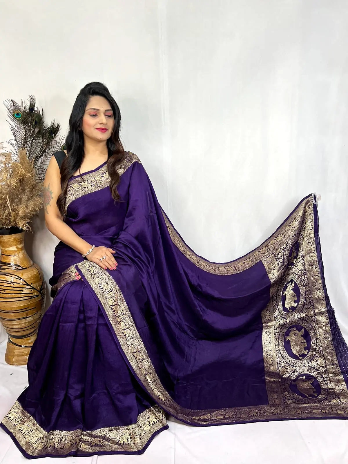 Dola Silk Golden Zari Border Saree - Premium  from Ethenika.com  - Just INR 5990! Shop now at Ethenika.com 